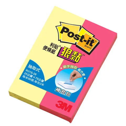 3M Post-it R31S-29 狠黏抽取式補充包 黃+螢光粉